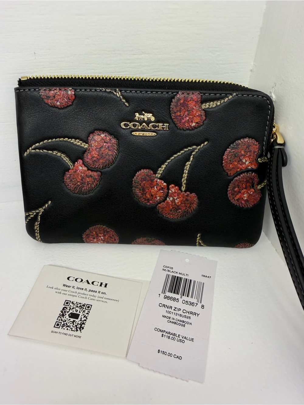 Coach Black Wristlet with Red Sequin Cherry Motif